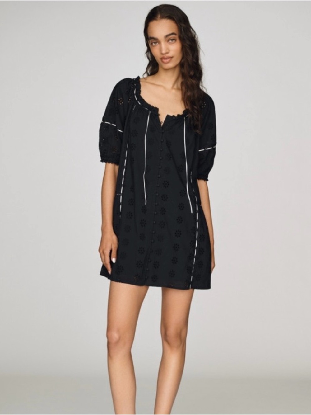 Anthropologie Black Eyelet Tie-Neck Mini Dress